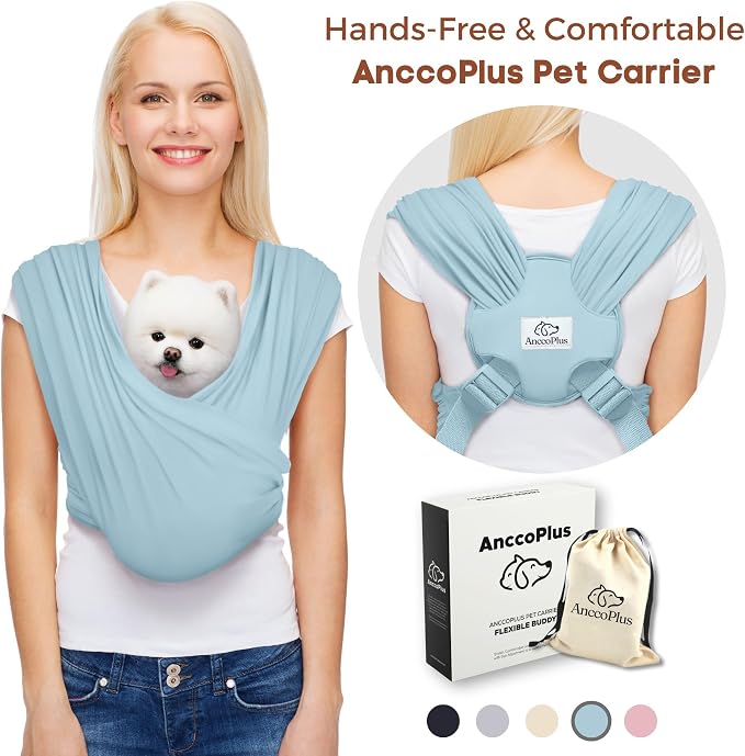 Small Dog Sling Carrier, Hands-Free, Baby Blue, Plus | Patented Front Carrier Reduces Back and Neck Strain; Adjustable, Soft Cotton, 3D Air Mesh for Puppies & Cats up to 20 lb