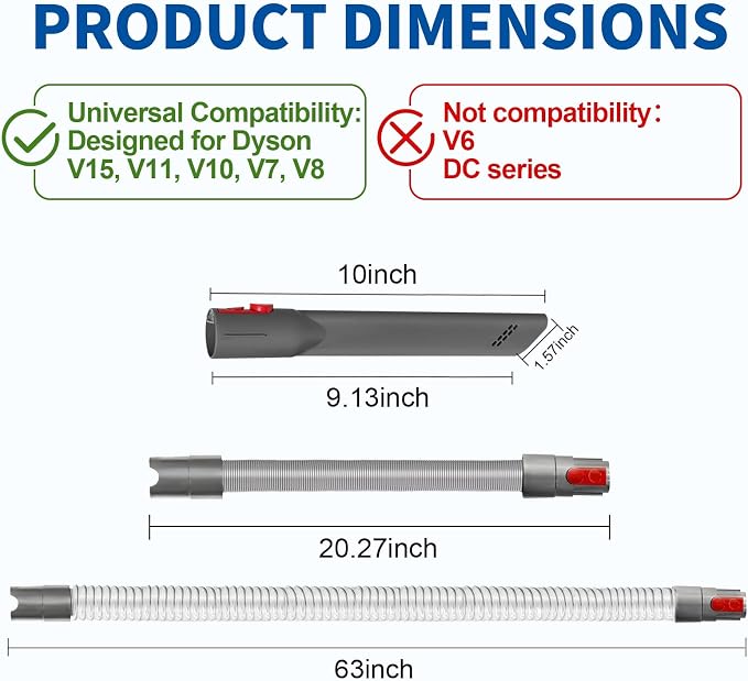 Extension Hose and Crevice Tool Compatible with Dyson V7 V8 V10 V15 Cleaner | Flexible Extension Hose Mattress Tool Stiff Brush Soft Bristle and Flexible Crevice Tool for Home Cleaning