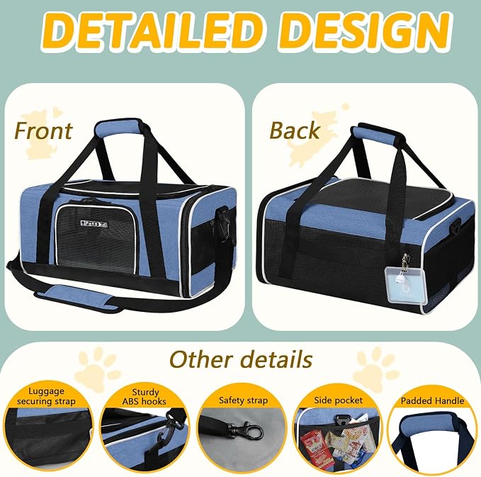Small Pet Carrier 17" L x 11" W x 9.5" H Airline Approved, Blue | for Alaska Airlines, Lockable Safety Zippers and Anti-Scratch Mesh, Pets Under 10 lbs