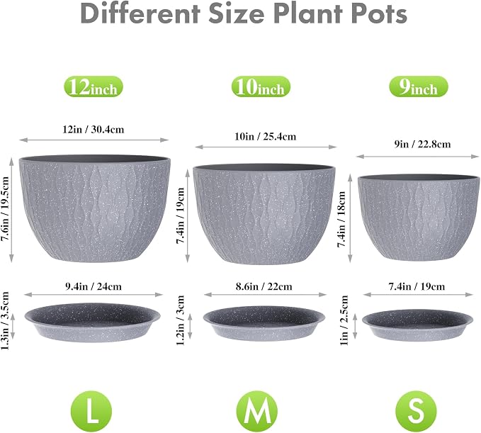 Meowell Large Flower Pots 12/10/9 inch, 3 Set Big Plant Pots for Outdoor Indoor Plants with Water Ripples, Wide Plastic Planters with Drainage Holes and Saucers for Garden House Plants, Speckled Grey