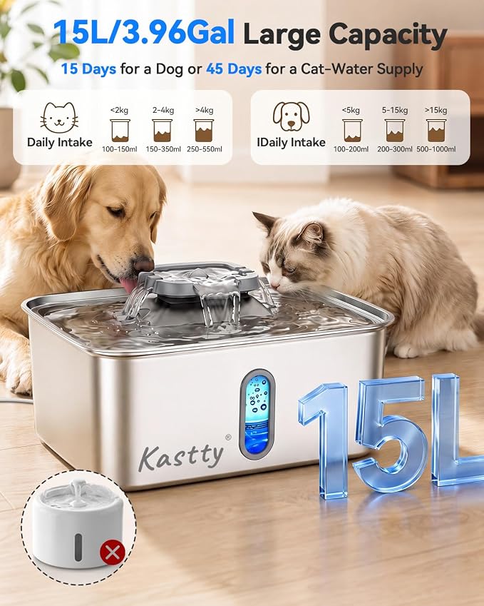 Kastty 4Gal/15L Stainless Steel Dog Water Fountain for Large Multi-Pet | Large Capacity Pet Water Fountain with Water Level LED Light, Ultra Quiet Dog Water Bowl Dispenser, Easy to Clean (FS78,Grey)