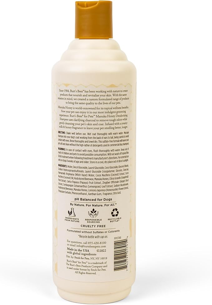 Burt's Bees for Pets Deodorizing Shampoo for Dogs, Manuka Honey & Charcoal, Reduces Odor, 95%+ Natural Origin, No Sulfates, Parabens or Phthalates, Leaves Milk & Honey Scent, 16 Fl Oz