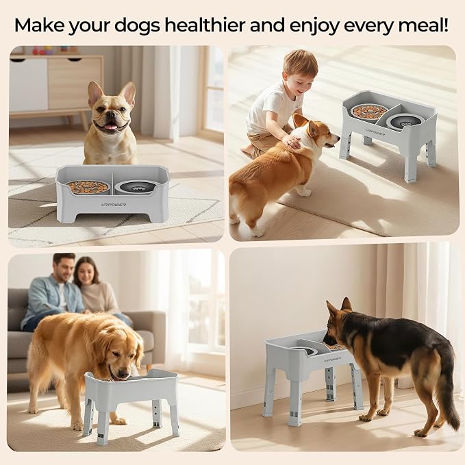 URPOWER Mess Proof Elevated Dog Bowls 4 Height Adjustable Raised Stand | No Spill Water Bowl, Slow Feeder Dog Bowls, Non-Slip Food and Water Bowl Set for Small, Medium & Large Dogs