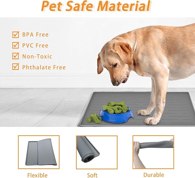 24" x 16" Dog Food Mat, Silicone Pet Mats for Food and Water, Nonslip Pet Feeding Mats for Floors, Dog Cat Bowl Mat with Raised Edges, Light Brown