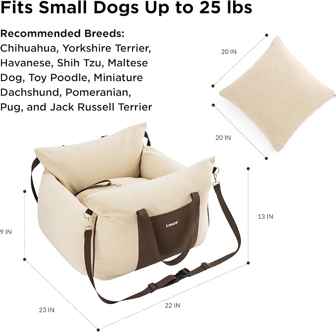 Lesure Dog Car Seat for Small Dogs,Booster Car Bed for Puppy Under 25lbs | Soft Pet Carseat with Clip-On Safety Leash and Thickened Memory Foam Filling,Dog Travel Carrier Bed with Storage Pocket,Beige