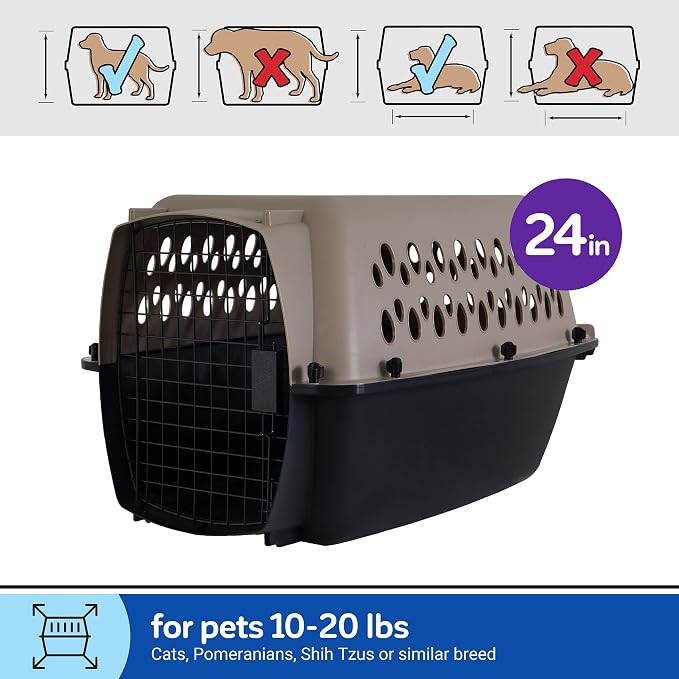 Petmate Vari Dog Kennel Portable Carriers & Crates for Smaller Dogs or Puppies and Pets 10 to 20 lbs, Airline-Friendly Plastic Pet Carrier Home and Travel, 24" Long, Taupe & Black, 24” x 16.7” x 14.5” | Airline friendly pet carrier, durable plastic she...