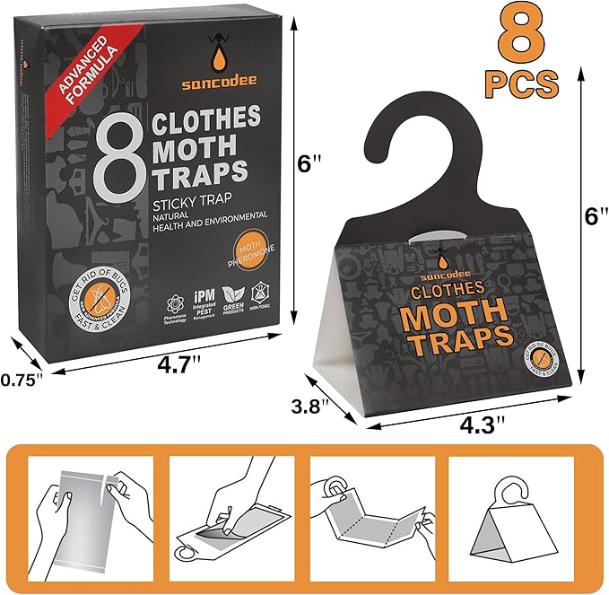 Sancodee 8 Pack Clothes Moth Traps with Natural Pheromones, Clothing Moth Hanging Glue Trap, Sticky Boards for Closets Moths