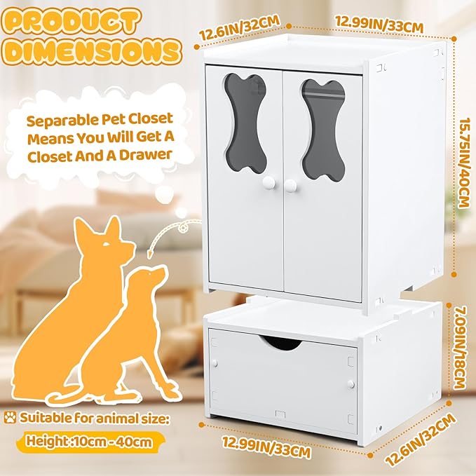 Teenyyou 22.84 x 12.99 x 12.6 Inch Pet Wardrobe Closet Dog Toy Clothes Storage Organizer with Doors and Telescopic Hanging Rod Combinable Drawers Closet Rack for Small Dog Cat Toys Clothes Accessories