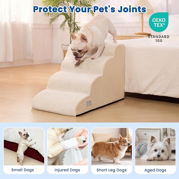 Dog Steps for Bed 17.7" H, 4-Step Pet Stairs Ramp for Small & Medium Dogs | Airpanda Dog Stairs with Washable Cover & High-Density Foam,Gentle Curved Design,Ideal for Senior & Short-Legged Dogs,Beige