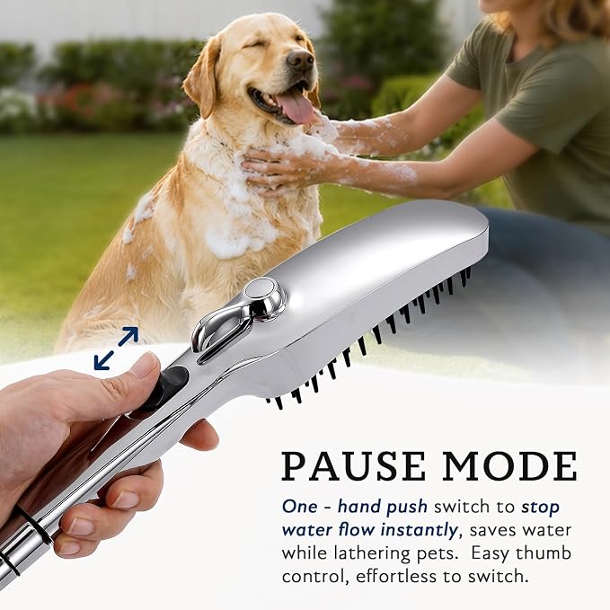 G-Promise 3 Mode Dog Wash Shower Attachment with Pause Mode for Outdoor Use | High Pressure, with Pause Mode, Built-In Brush for Wash & Groom, Extra Long Hose, Easy Install