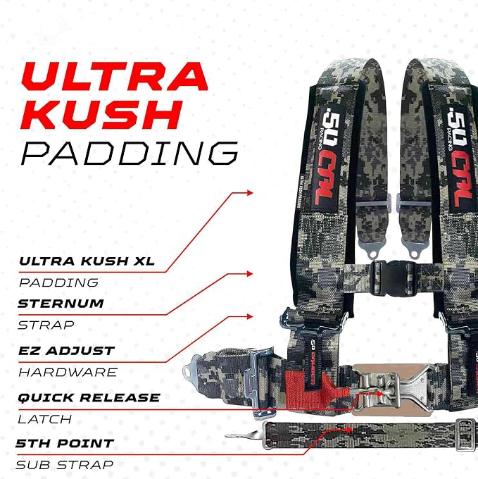1pc 50 Cal Camo 5 Point Harness w/ 2" straps, Racing Harness Seat Belt | Ultra Kush padding, Race latch quick release hardware. Universal Fit for UTV, RZR, race car. Part# 6009A7