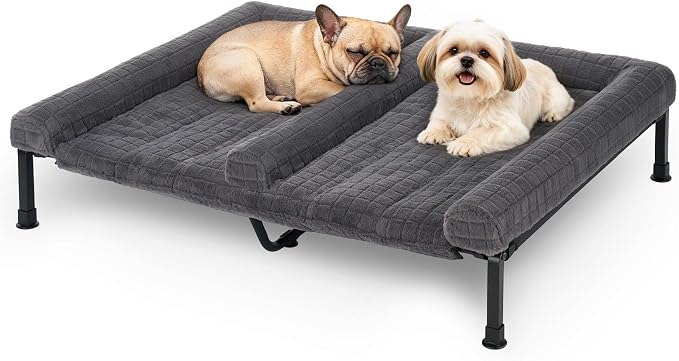 Veehoo Plush Double Dog Couch Bed for 2 Dogs, Washable Elevated Dog Bed | Cooling Raised Pet Cot with Removable Bolster Cushion, Breathable Mesh, No-Slip Feet, 48 x 37 inches, Grey