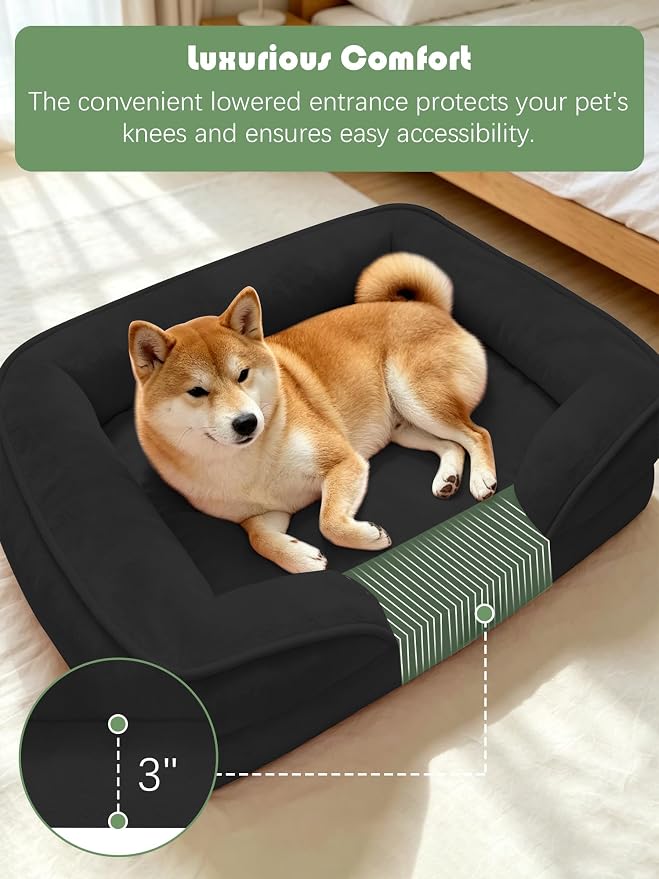Spotted Play Orthopedic Dog Bed with Sides - Sofa Beds for Medium Dogs, Supportive Foam Pet Couch Bed with Washable Removable Cover, Waterproof Lining and Non-Slip Bottom, Black - M