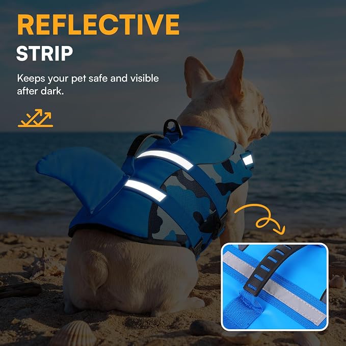 Dog Life Jacket Ripstop Dog Shark Safety Vest Adjustable Preserver with High Buoyancy and Durable Rescue Handle for Small,Medium,Large Dogs, Blue Camouflage X-Large
