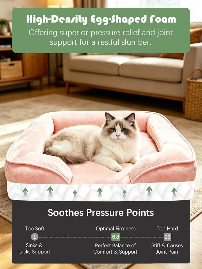 Spotted Play Orthopedic Dog Bed with Sides - Sofa Beds for Small Dogs, Supportive Foam Pet Couch Bed with Washable Removable Cover, Waterproof Lining and Non-Slip Bottom, Pink - S