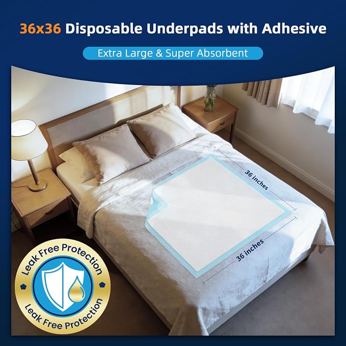 AAY Disposable Bed Pads 36" x 36" (50 Count) , Extra Large Heavy Duty Incontinence Underpads, Super Absorbent 3XL Chucks Pee Pads for Adults, Kids, Pets, Puppy Training (Adhesive Strips)