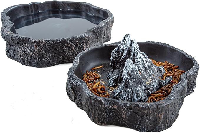 2 Pack Large Reptile Food Bowl and Water Bowl Set, Drowning Prevention Reptile Water Dish and Food Dish with Simulated Rockery, Terrarium Decoration Bowls