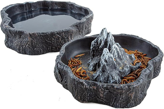 2 Pack Large Reptile Food Bowl and Water Bowl Set, Drowning Prevention Reptile Water Dish and Food Dish with Simulated Rockery, Terrarium Decoration Bowls