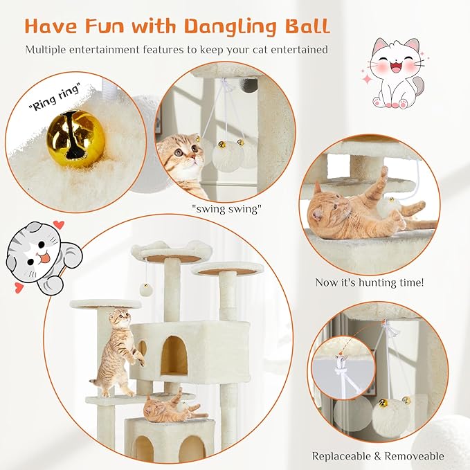 Sweetcrispy 54-Inch Cat Tree Tower – Multi-Level with Sisal Scratching Post, Perfect Pet Gift, Indoor Condo with Climbing Ladder, Plush Toy, and More Animal Stuff, Beige