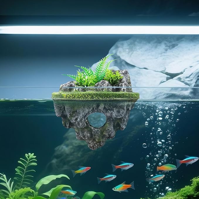 Floating Island Fish Tank Decorations – Aquarium Decor with Hideout Tunnel, Betta Fish and Shrimp Cave, PVC Aquarium Accessory with Artificial Plants