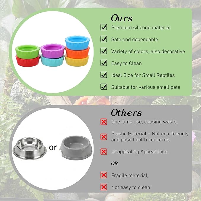 9 PCS Crested Gecko Food and Water Bowl Reusable Small Reptile Feeding Dish Gecko Tank Accessories for Hermit Crab Tarantula Isopods Lizard Easy Clean Silicone 7 Colors Includes Spoon