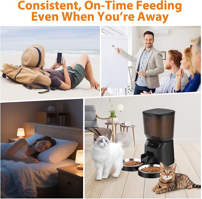 Automatic Cat Feeders for Two Cats, 5L/20 Cups Double Automatic Cat Food Dispenser with 2 Stainless Bowls, Timer Setting 20 Portions 6 Meals Per Day, 10s Meal Call (WiFi丨 Black)