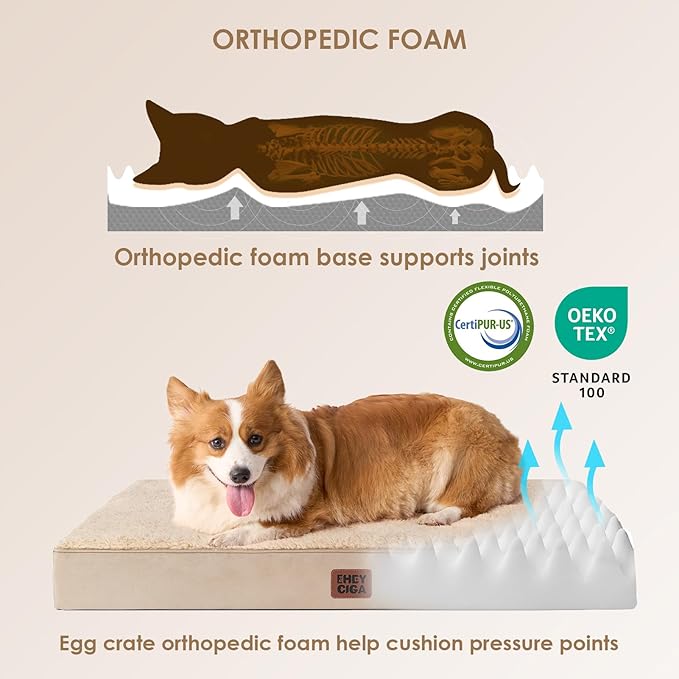 EHEYCIGA Orthopedic Dog Bed Large with Removable Washable Cover, 36IN Khaki | Egg Crate Foam Support, Durable Oxford fabric, Non-Slip Bottom, Machine Washable, Soft Waterproof Plush Pet Bed Mat For Crate
