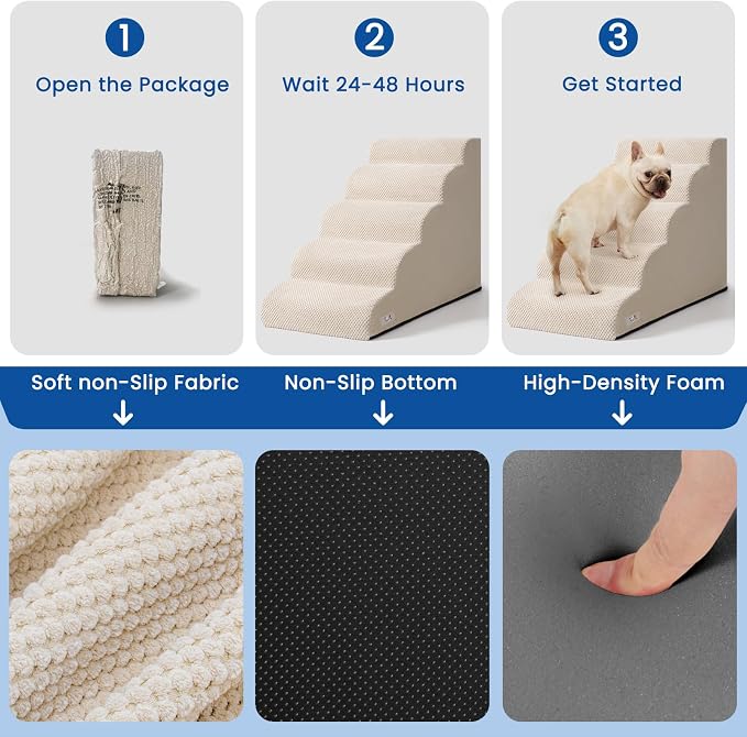 Dog Stairs for High Beds 22.4" H,5-Step Pet Ramp for Small & Medium Dogs | Airpanda Dog Steps with Washable Cover & High-Density Foam,Gentle Curved Design,Ideal for Senior & Short-Legged Dogs,Beige