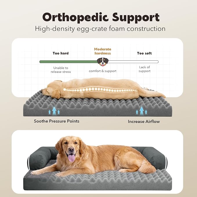 Orthopedic Dog Sofa Bed with Bolster for Small Dogs Cats | Pillow Support for Neck Relief, Egg Crate Foam, Waterproof Liner, Anti-Slip Bottom, Removable Bolster Cover, 20 x 15 Inch