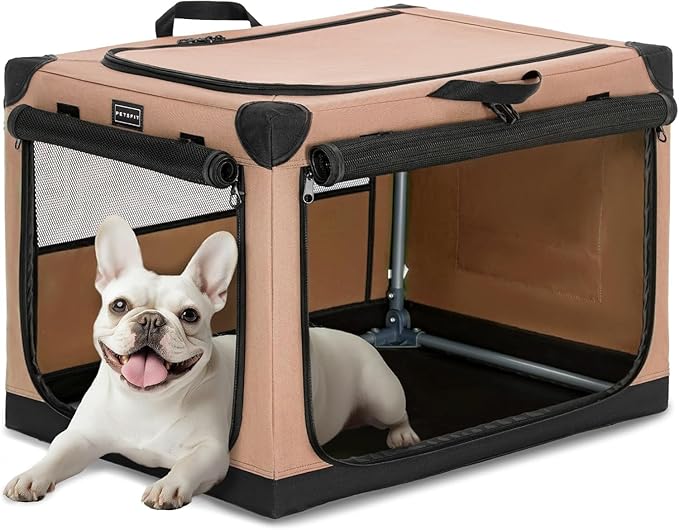 PETSFIT 26" Soft Portable Dog Crate – Patented Spiral Sturdy Frame, Collapsible Travel Kennel for Small Dogs, 3 Mesh Door, Lockable Zippers, Indoor & Car Use Khaki
