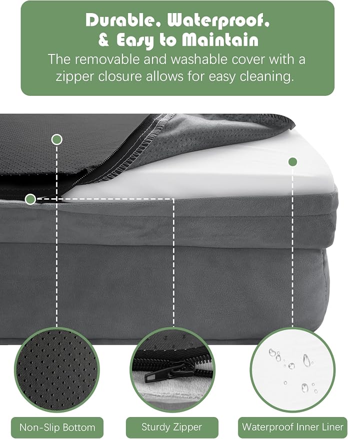 Spotted Play Orthopedic Dog Bed with Sides - Dog Sofa Beds for Large Dogs, Supportive Foam Pet Couch Bed with Washable Removable Cover, Waterproof Lining and Non-Slip Bottom, Grey - L-Plus