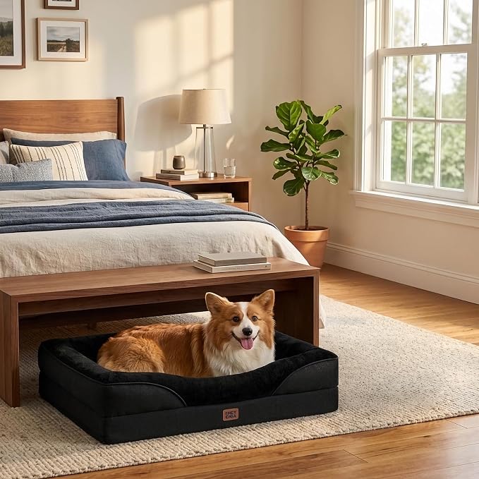 EHEYCIGA Orthopedic Dog Bed for Medium Dog, 30x20 Inch Memory Foam Dog Couch Bed with Sides, Waterproof Liner & Washable Removable Cover, Bolster Pet Sofa, Black
