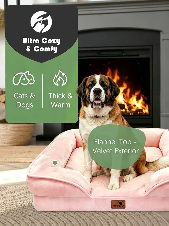 Spotted Play Orthopedic Dog Bed with Sides - Sofa Beds for Extra Large Dogs, Supportive Foam Pet Couch Bed with Washable Removable Cover, Waterproof Lining and Non-Slip Bottom, Pink - XXL