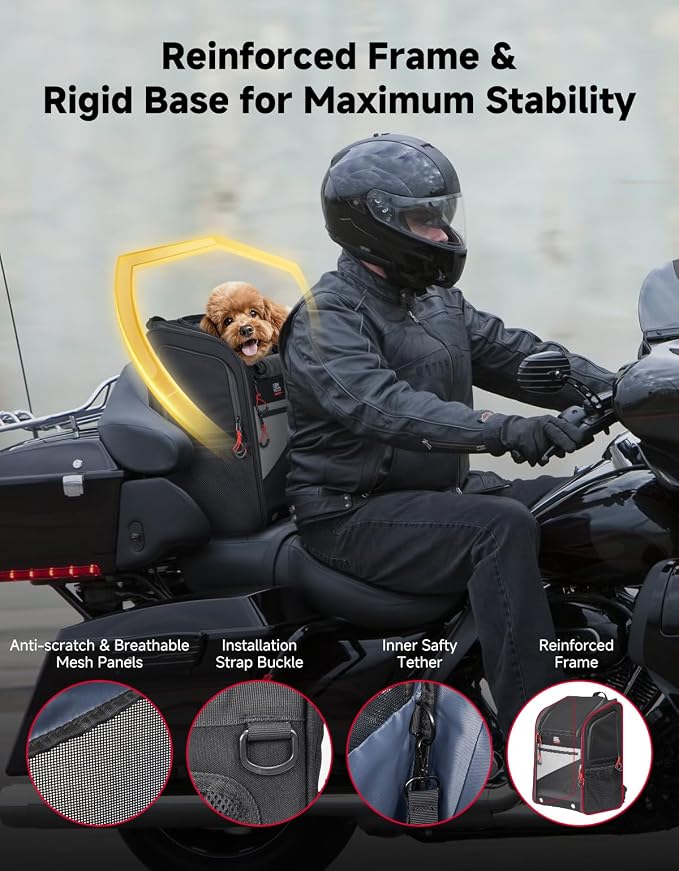 KEMIMOTO Motorcycle Dog Carrier Backpack for Small Dog & Cat Under 17 lbs | Anti-Escape Safety Clip, Padded Shoulder Straps Pet Carrier for Street Glide with Passenger Seat Touring Trike Models Can Ams