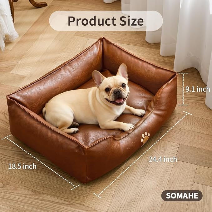 SOMAHE Waterproof Leather Dog Bed, Bolster Couch, 24x19x9 Grey | Wipe-Clean Waterproof Leather + Removable Cushion: raised bolsters create a cozy bed for small-medium dogs.