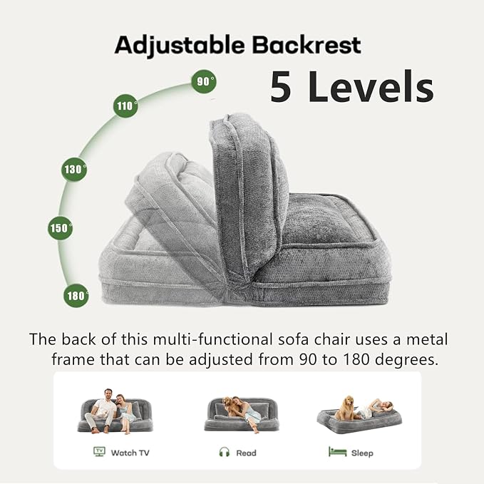Foldable Lazy Sofa Bed, Double Human Dog Bed for Adults, Light Gray | Skin-friendly Breathable Soft Chenille Upholstered, 5 Adjustable Backrest Positions, 3 Soft Cushions for Living Room