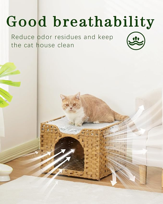 SETVSON Cat Beds Indoor Kitten House, PE Rattan Cat Cave, Natural | PE Rattan Cat Cave & Perch, Reversible Soft Cushion, 2 S-Hooks, Sturdy Metal Frame, 16.5x16.5x13.2 In Pet Cube