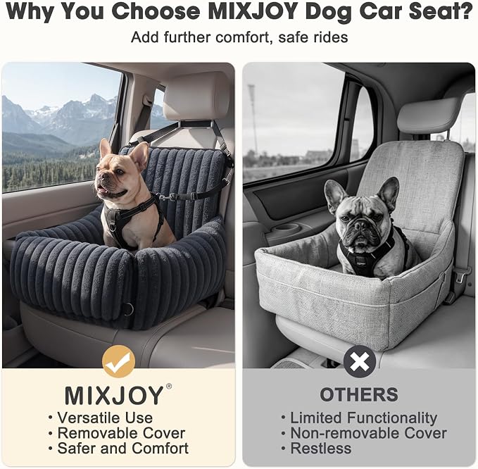 MIXJOY Dog Car Seat for Small/Medium Dogs up to 25 lbs, Multi-Functional Dog Carrier for Car with Detachable Washable Cover, Pet Travel Bed with Clip-On Safety Leash, Grey
