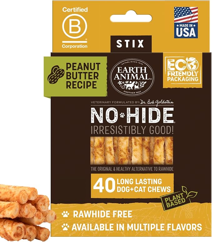 Earth Animal No Hide Stix - Rawhide Free Dog Chews 40 Count Peanut Butter | Small Sticks Peanut Butter Flavored Natural Rawhide Free Long Lasting Dog Chews - Pet Treats for Small Dogs and Cats
