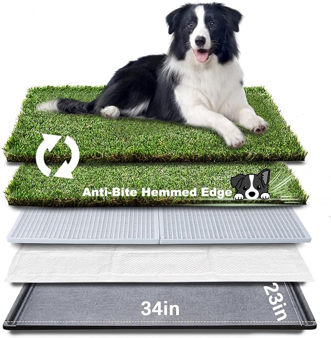 HQ4US 4LEGS Dog Grass Pad with Tray, Dog Litter Box with Artificial Grass | Large Grass Pee Pads for Indoor Dogs Potty Tray with Grate, Turf Grass Hemmed Edge, Realistic, Less Stink Toilet for Balcony