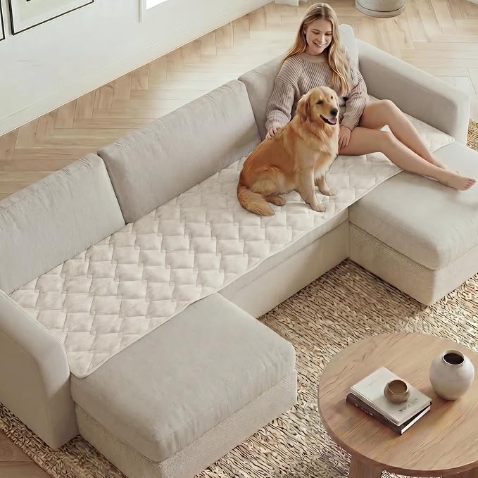 H.VERSAILTEX Chenille Couch Cover for Dogs Washable Soft Fuzzy Sofa Covers for 3 Cushion Couch Sectional Sofa Cover Thick Pet Couch Cover Protector Non-Slip Dog Bed Cover(Ivory, 28" x 102")