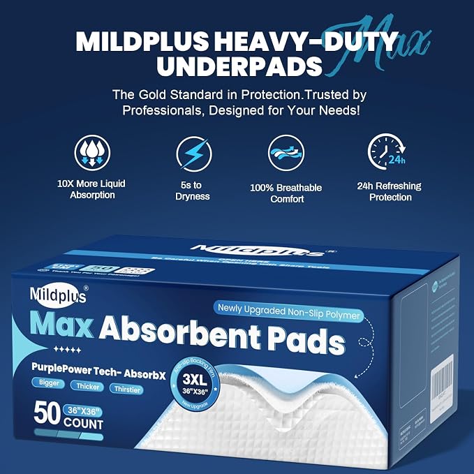 MILDPLUS Heavy Duty Underpad 36''x36'' (Blue or Purple) | 125 Grams, Extra Large Chucks Pads, Disposable Bed Pads, Super Absorbent Incontinence Pads for Adults, Kids, Pee Pads
