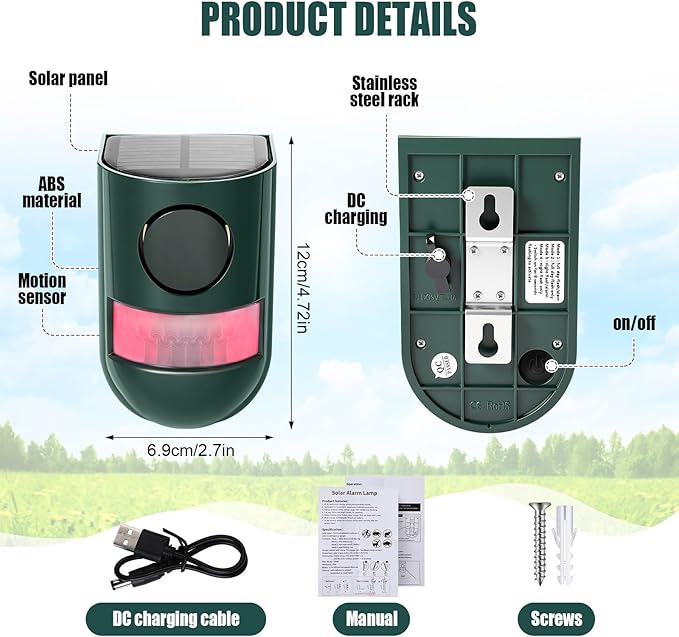 Qualirey 2 Pack Solar Sound and Light Alarm Motion Sensor 129db Outdoor Security Siren Waterproof Motion Activated Detector Alarm 6 LEDs Flash Warning Strobe System for Home, Farm (Green)