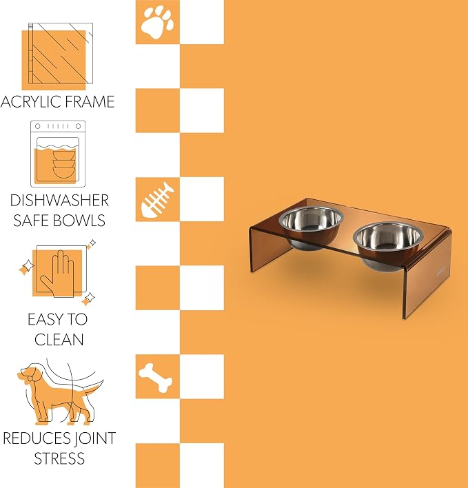 DBL2001D Keaton 7.5" Medium/Large Modern Acrylic Rectangular Elevated Pet Feeder with 54oz 2-Stainless Steel Bowls, Amber/Chrome