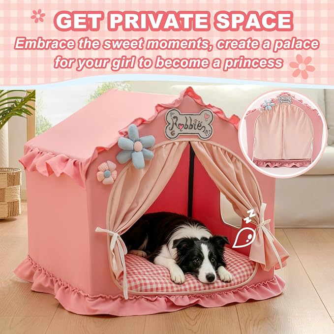 Indoor Dog House with Frame, Cute Dog Tent Bed with Cover Cave | Breathable, Washable, and Foldable House, Suitable for 36-66 Lb, Large (29"×29"×29"), Pink
