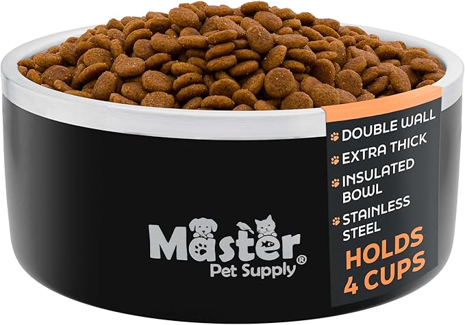 Master Pet Supply Stainless Steel Dog Bowls - 32 oz, Heavy Duty - Black Velvet, Double Wall Extra-Thick Insulated, Non-Slip Pet Water Bowl for Dogs, Cats & Pets, Anti Rust Metal, Dish Washer Safe