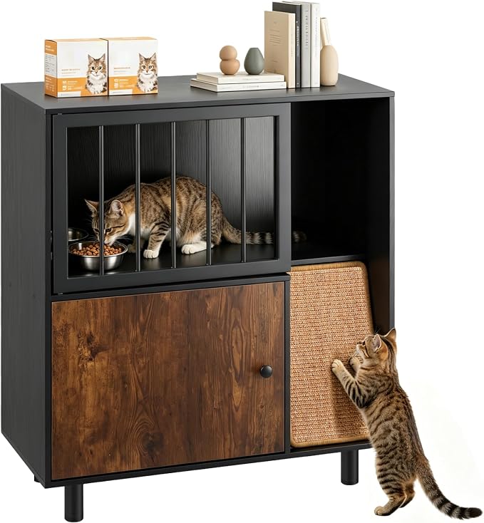 Dog Proof Cat Feeding Station with Storage Cabinet& 2 Stainless Steel Bowls, Elevated Cat Food Station with Scratching Board, Modern Wooden Cat House Furniture for Indoor Cats, Large Pet Cabinet