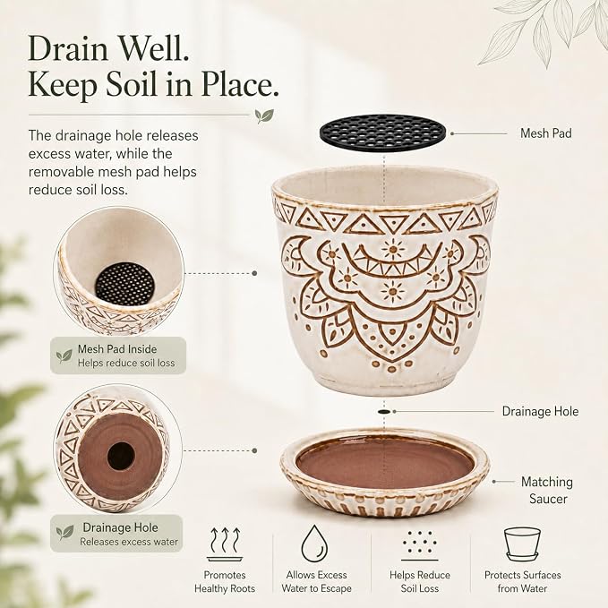 Gepege Succulent Pots, 4 Inch Small Indoor Ceramic Planter Pot with Drainage Holes and Saucers for Plants- Creamy White - Set of 4