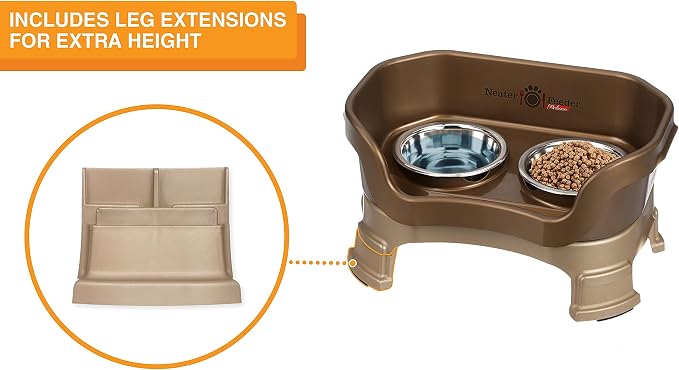 Neater Feeder Deluxe Mess-Proof Elevated Cat Bowls, 2 Height Adjustable (6” & 7.5”) No-Spill Raised Cat Bowl Stand, Whisker Friendly Stainless Steel Dishes for Indoor Cats, Made in USA, Bronze