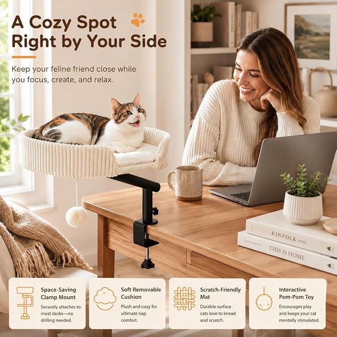 Cat Desk Bed with 3 Mats for All Seasons, 360° Rotating Adjustable | Clamp-On Desk Cat Bed with Reversible Plush Cushion, Sisal Scratch Mat, Cooling Mat & Hanging Ball, Supports 50 lbs, White